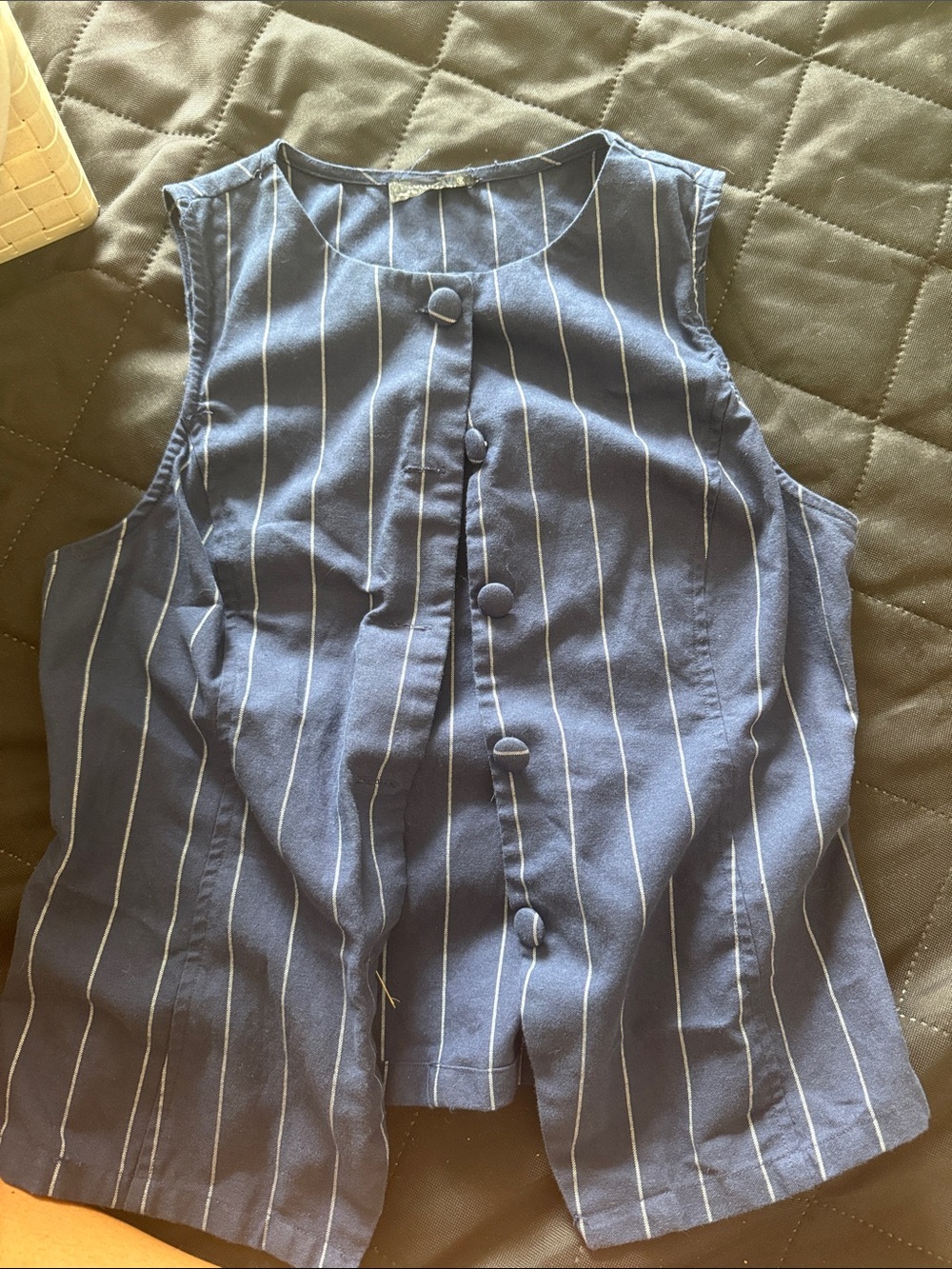 Lulumari Navy and White Pinstripe Sleeveless Button Top